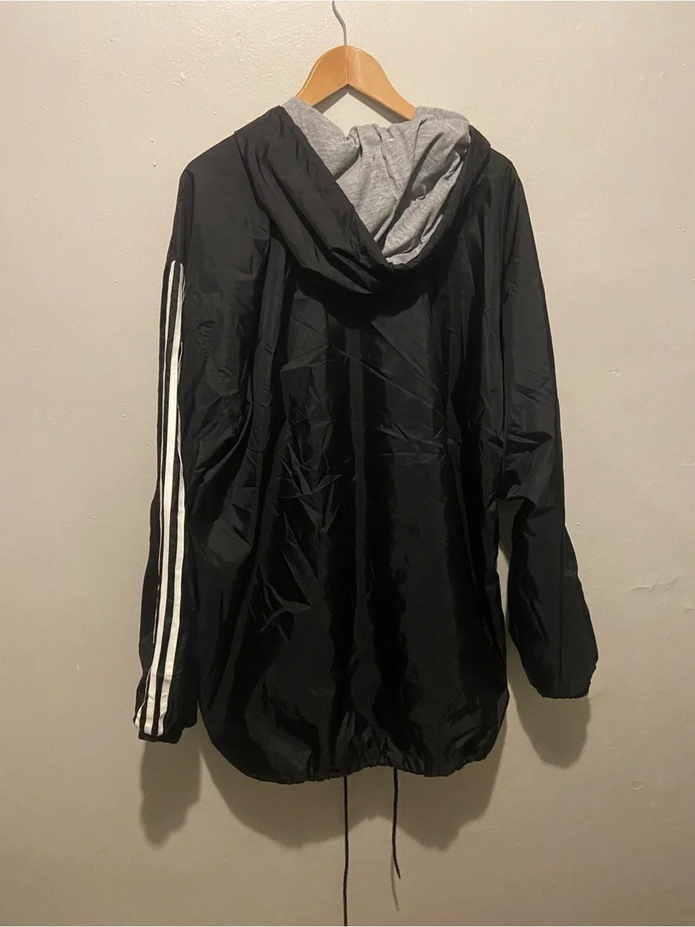 adidas Black Hooded Windbreaker with White Sleeve Stripes